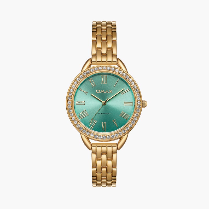 OMAX ساعة أنالوج ذهبية بقرص أكوا للنساء - Image 1